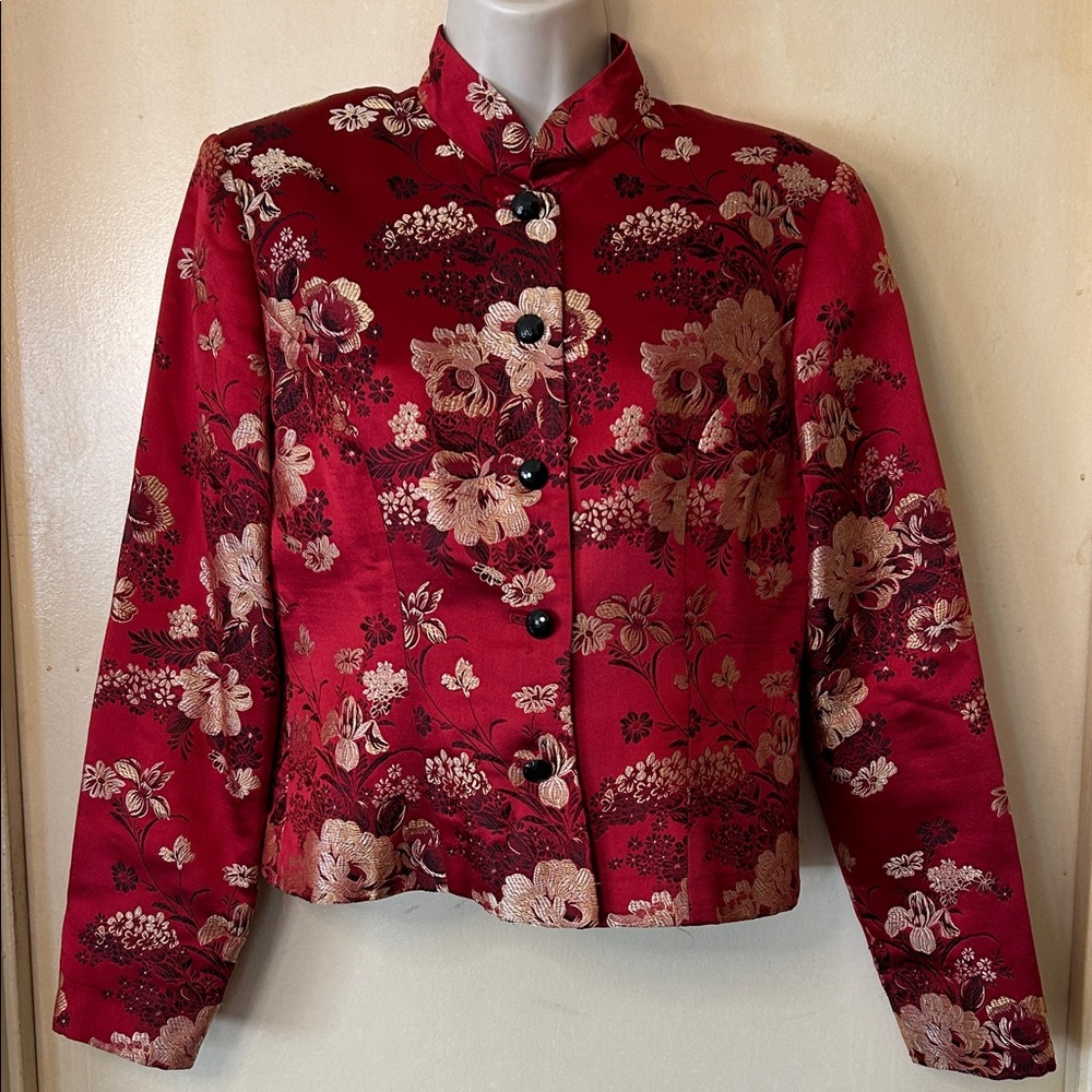 MSK Silk Red Floral Asian Inspired Women's Jacket size S